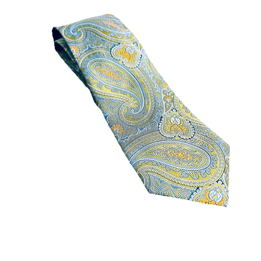 Jos. A. Bank Signature Collection Handmade Silk Paisley Tie Blue Lime Gold NWT